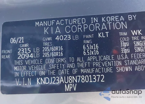 2022 Kia Soul Lx z USA, uszkodzony, nr VIN KNDJ23AU8N7801372